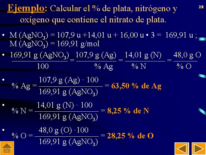 Ejemplo: Calcular el % de plata, nitrógeno y 28 oxígeno que contiene el nitrato