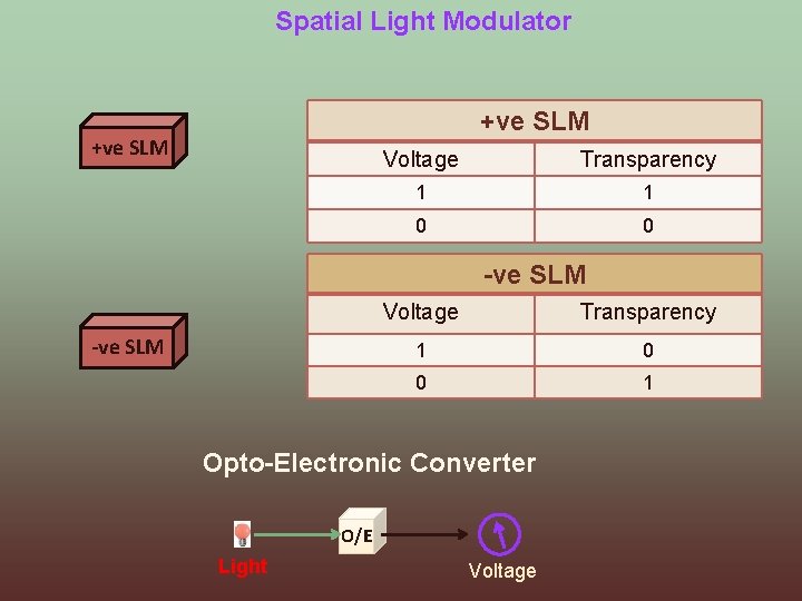 Spatial Light Modulator +ve SLM Voltage Transparency 1 1 0 0 -ve SLM Voltage