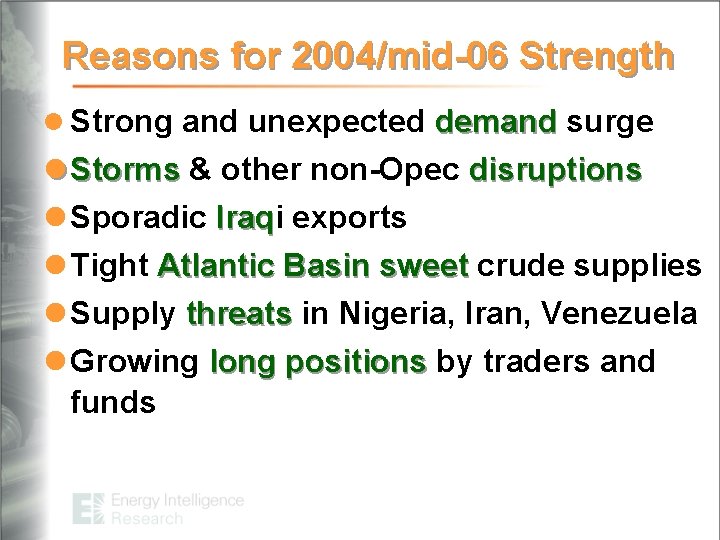 Reasons for 2004/mid-06 Strength l Strong and unexpected demand surge l Storms & other