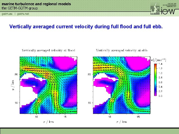 Vertically averaged current velocity during full flood and full ebb. 