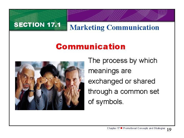 SECTION 17. 1 Marketing Communication The process by which meanings are exchanged or shared