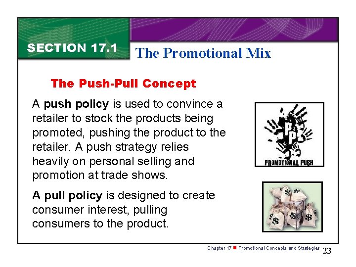 SECTION 17. 1 The Promotional Mix The Push-Pull Concept A push policy is used