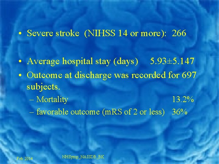  • Severe stroke (NIHSS 14 or more): 266 • Average hospital stay (days)