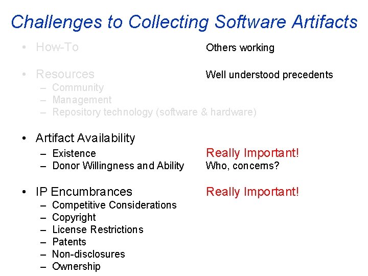 Challenges to Collecting Software Artifacts • How-To Others working • Resources Well understood precedents