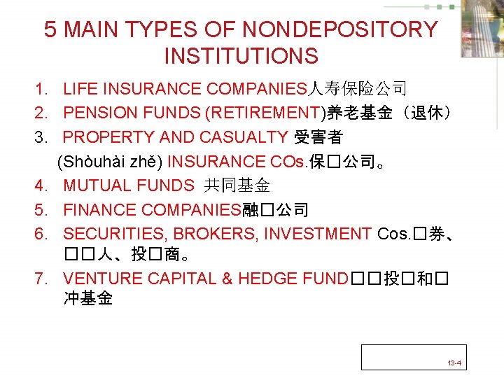 5 MAIN TYPES OF NONDEPOSITORY INSTITUTIONS 1. LIFE INSURANCE COMPANIES人寿保险公司 2. PENSION FUNDS (RETIREMENT)养老基金（退休）