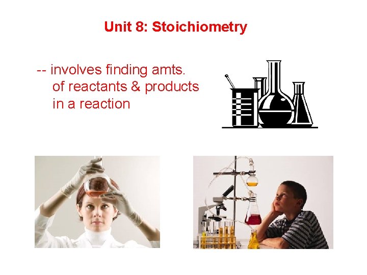 Unit 8: Stoichiometry -- involves finding amts. of reactants & products in a reaction