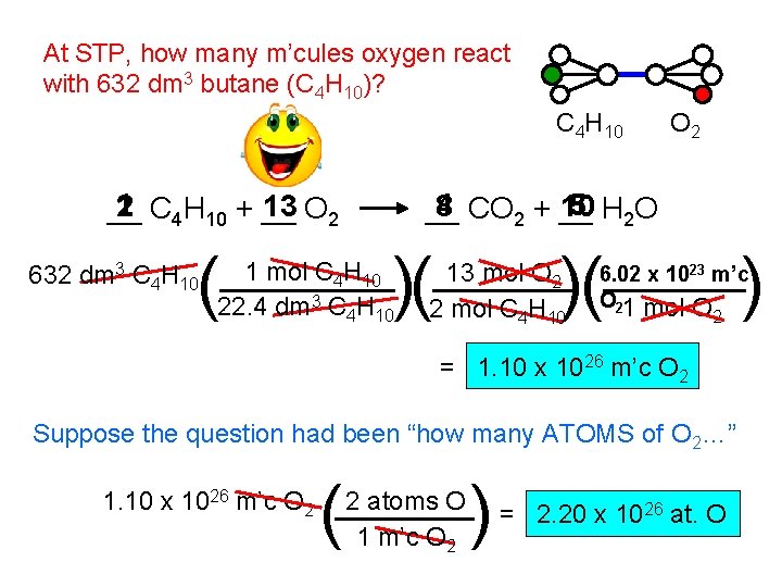 At STP, how many m’cules oxygen react with 632 dm 3 butane (C 4