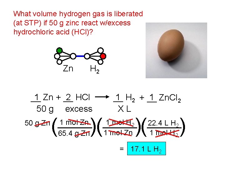 What volume hydrogen gas is liberated (at STP) if 50 g zinc react w/excess