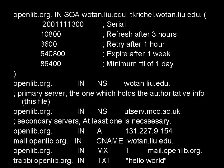 openlib. org. IN SOA wotan. liu. edu. tkrichel. wotan. liu. edu. ( 2001111300 ;