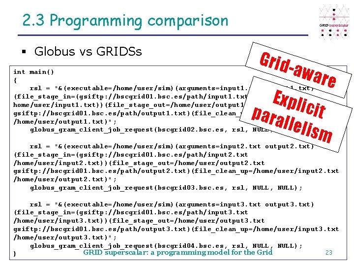 2. 3 Programming comparison § Globus vs GRIDSs Grid -awa re int main() {