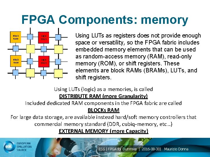 FPGA Components: memory Block RAM Logic block Using LUTs as registers does not provide