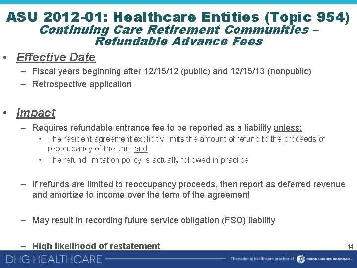 ASU 2012 -01: Healthcare Entities (Topic 954) Continuing Care Retirement Communities – Refundable Advance
