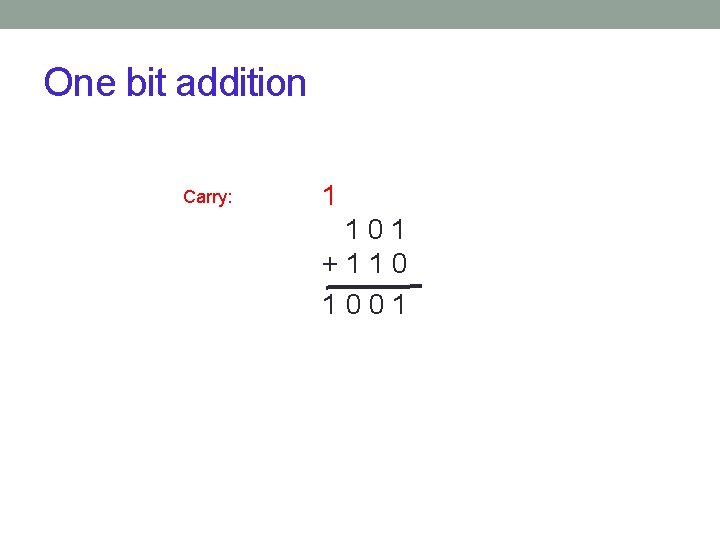 One bit addition Carry: 1 101 +110 1001 