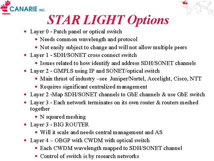 STAR LIGHT Options · Layer 0 - Patch panel or optical switch · Needs
