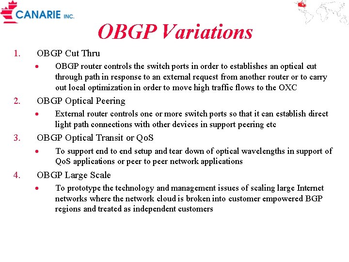 OBGP Variations 1. OBGP Cut Thru · 2. OBGP Optical Peering · 3. External