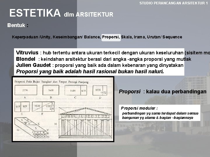 STUDIO PERANCANGAN ARSITEKTUR 1 ESTETIKA dlm ARSITEKTUR Bentuk : Keperpaduan /Unity, Keseimbangan/ Balance, Proporsi,