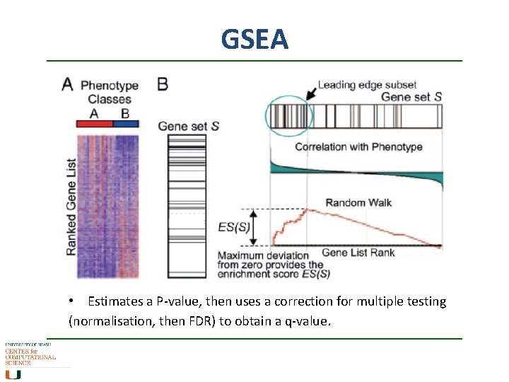 GSEA • Estimates a P-value, then uses a correction for multiple testing (normalisation, then
