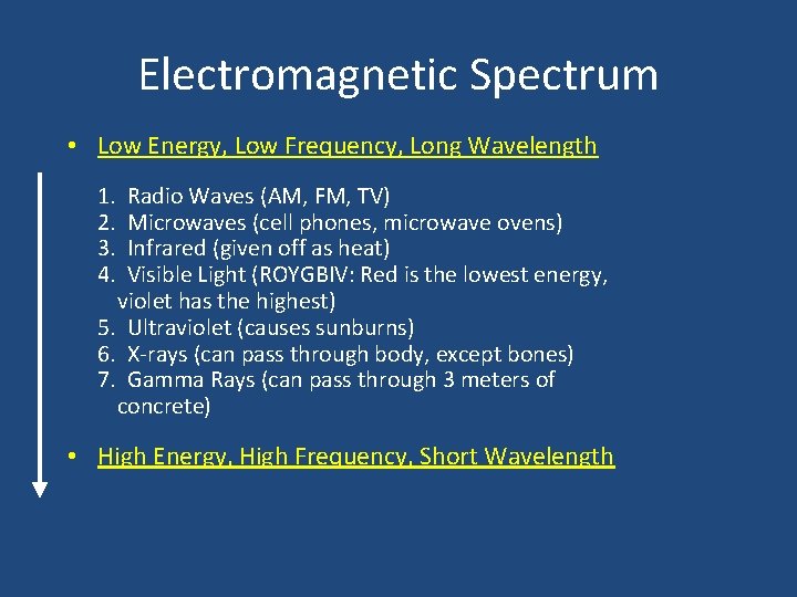 Electromagnetic Spectrum • Low Energy, Low Frequency, Long Wavelength 1. 2. 3. 4. Radio