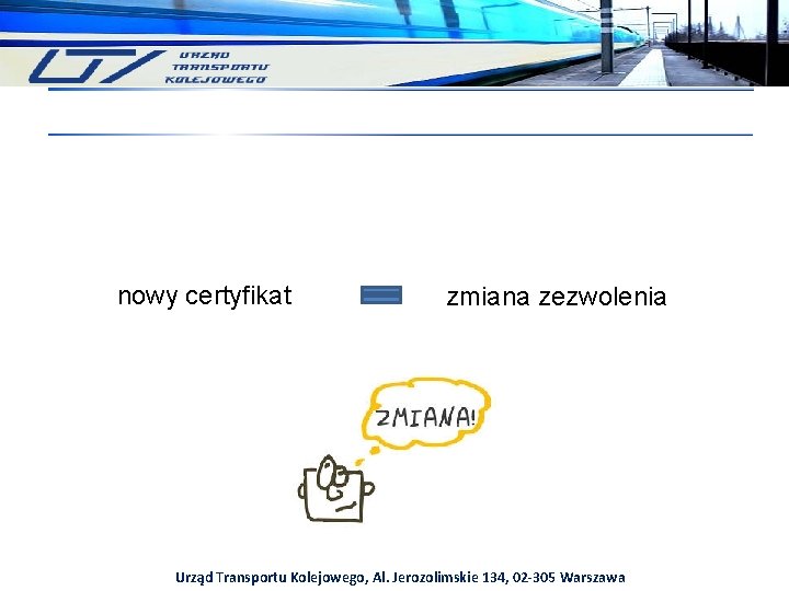 nowy certyfikat zmiana zezwolenia Urząd Transportu Kolejowego, Al. Jerozolimskie 134, 02 -305 Warszawa 