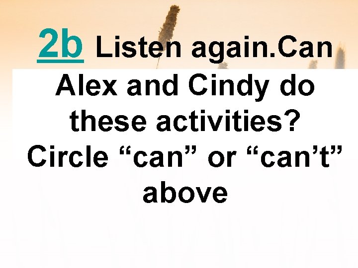 2 b Listen again. Can Alex and Cindy do these activities? Circle “can” or