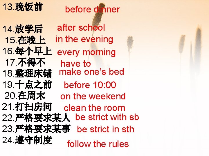 13. 晚饭前 before dinner after school 14. 放学后 15. 在晚上 in the evening 16.