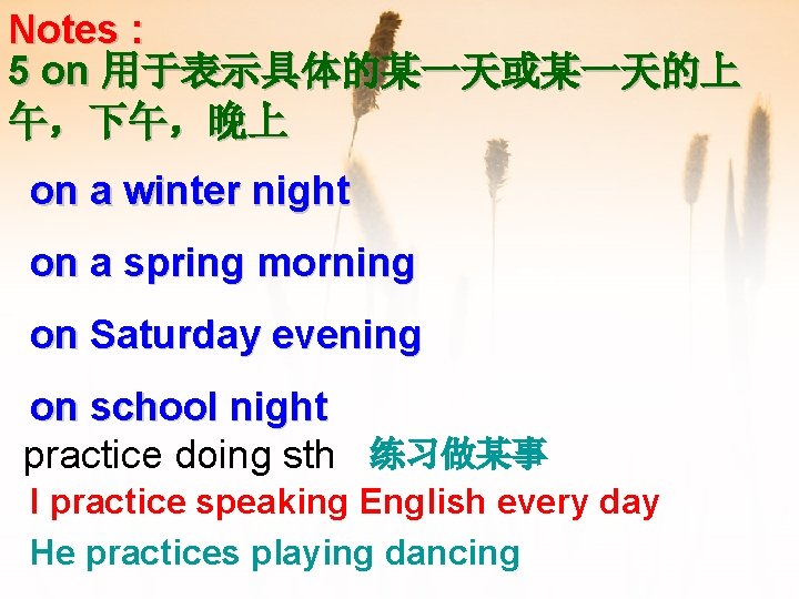 Notes : 5 on 用于表示具体的某一天或某一天的上 午，下午，晚上 on a winter night on a spring morning