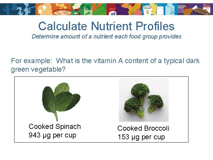 Calculate Nutrient Profiles Determine amount of a nutrient each food group provides For example: