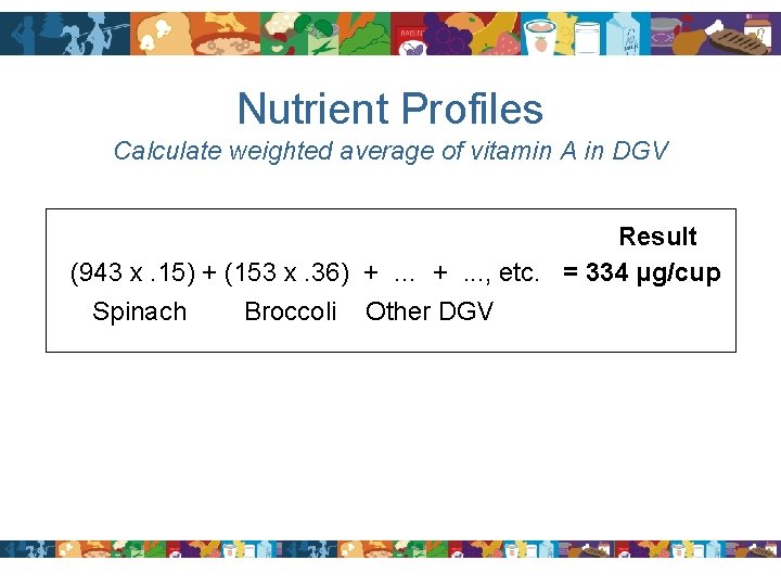 Nutrient Profiles Calculate weighted average of vitamin A in DGV Result (943 x. 15)