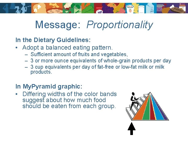 Message: Proportionality In the Dietary Guidelines: • Adopt a balanced eating pattern. – Sufficient