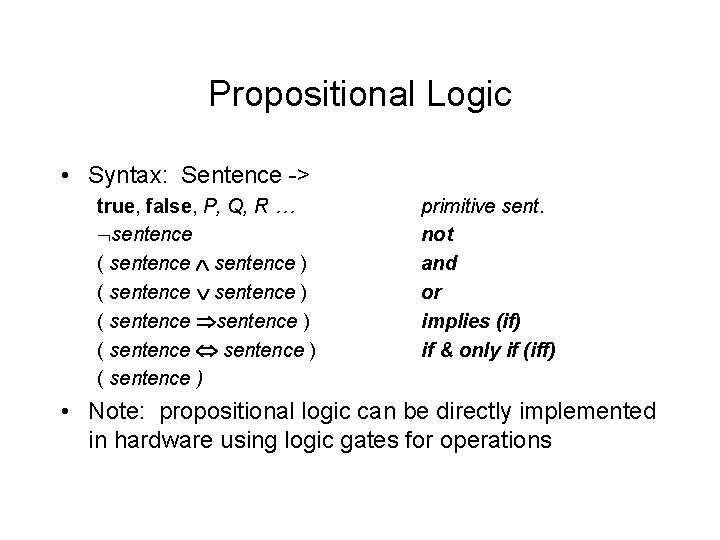 Propositional Logic • Syntax: Sentence -> true, false, P, Q, R … sentence (