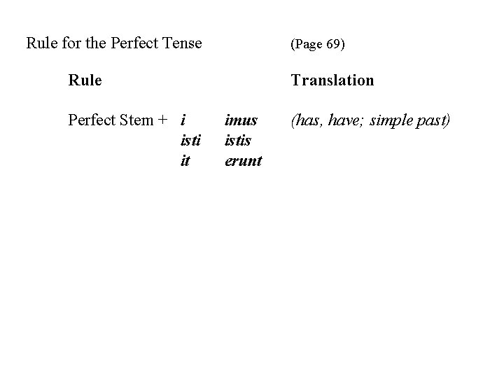 Rule for the Perfect Tense (Page 69) Rule Perfect Stem + i isti it