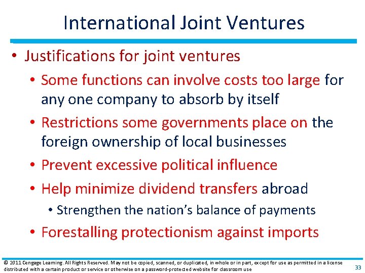 International Joint Ventures • Justifications for joint ventures • Some functions can involve costs International Joint Ventures • Justifications for joint ventures • Some functions can involve costs