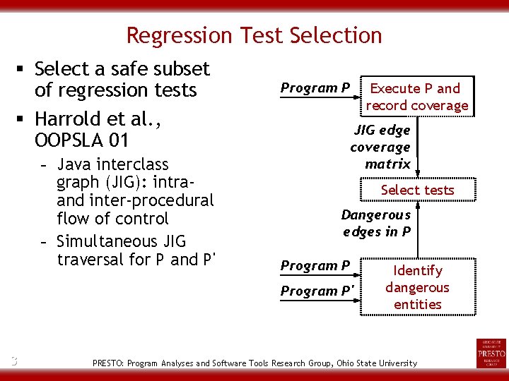 Regression Test Selection § Select a safe subset of regression tests § Harrold et