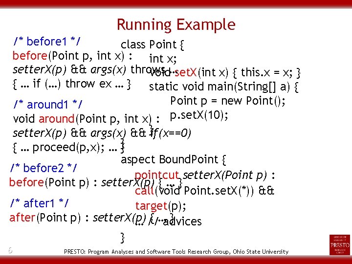 Running Example /* before 1 */ class Point { before(Point p, int x) :