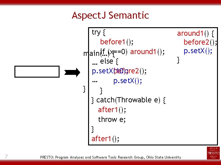 Aspect. J Semantic try { before 1(); if (x==0) around 1(); main(…) { …