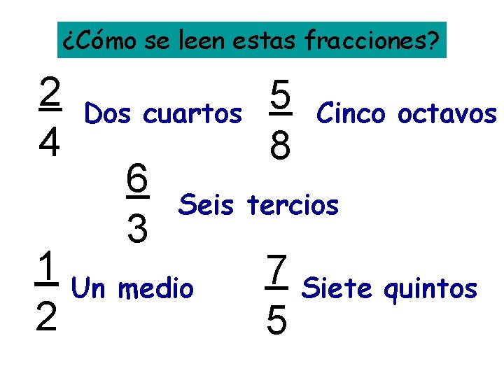 ¿Cómo se leen estas fracciones? 2 4 Dos cuartos 6 3 5 8 Cinco