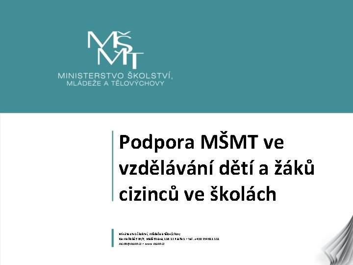 Podpora MŠMT ve vzdělávání dětí a žáků cizinců ve školách Ministerstvo školství, mládeže a