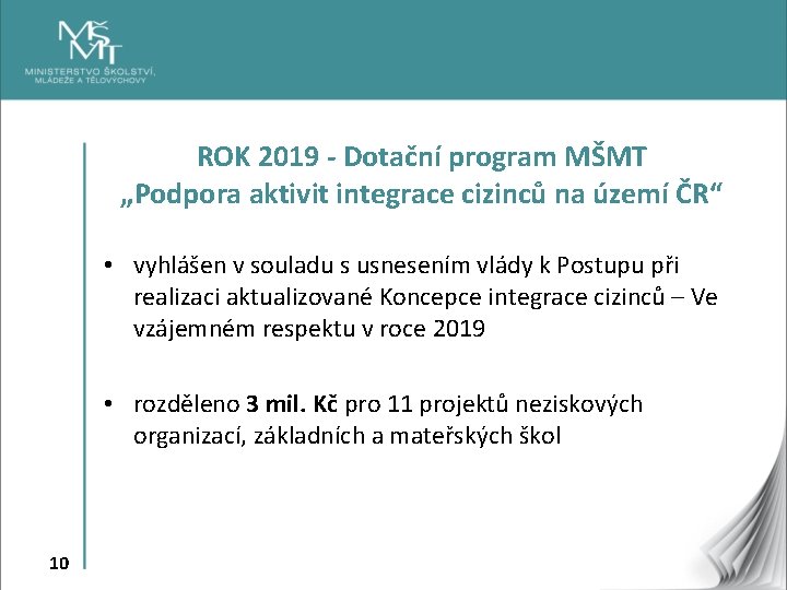 ROK 2019 - Dotační program MŠMT „Podpora aktivit integrace cizinců na území ČR“ •