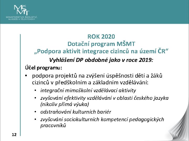 ROK 2020 Dotační program MŠMT „Podpora aktivit integrace cizinců na území ČR“ Vyhlášení DP