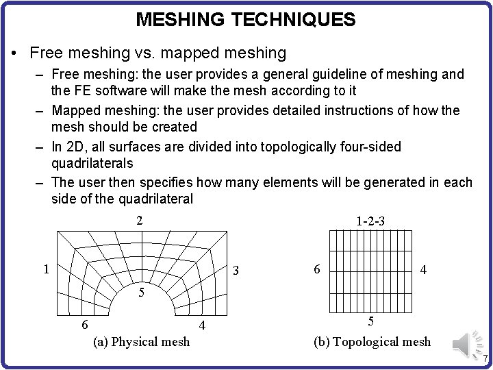 MESHING TECHNIQUES • Free meshing vs. mapped meshing – Free meshing: the user provides
