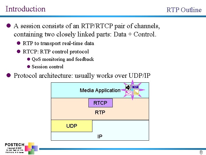 Introduction RTP Outline l A session consists of an RTP/RTCP pair of channels, containing