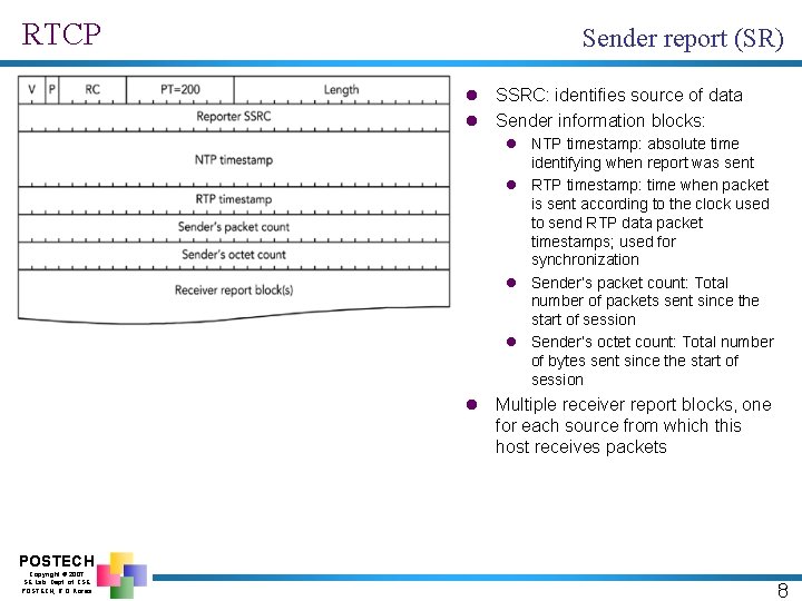 RTCP Sender report (SR) l SSRC: identifies source of data l Sender information blocks: