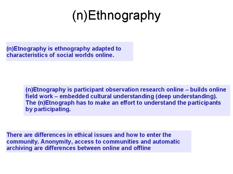 (n)Ethnography (n)Etnography is ethnography adapted to characteristics of social worlds online. (n)Etnography is participant