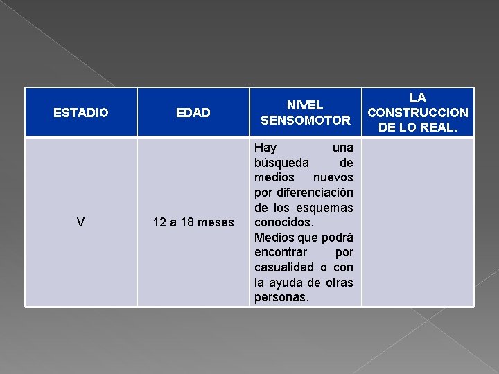 ESTADIO V EDAD NIVEL SENSOMOTOR 12 a 18 meses Hay una búsqueda de medios