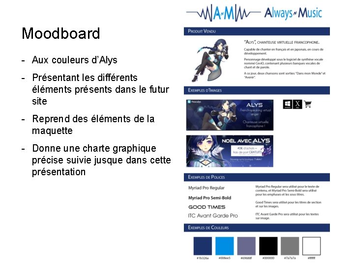 Moodboard - Aux couleurs d’Alys - Présentant les différents éléments présents dans le futur