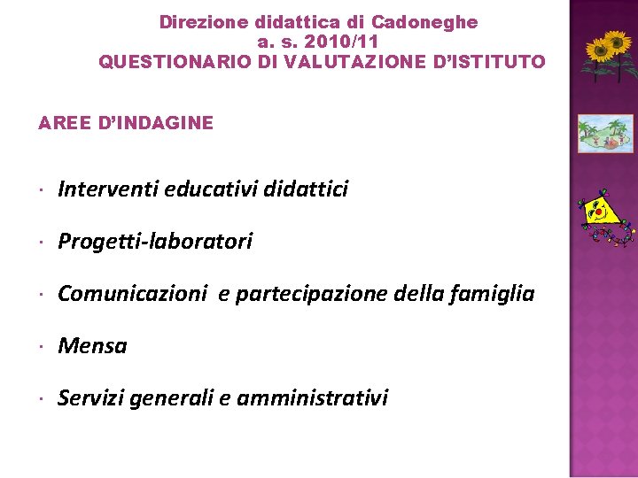 Direzione didattica di Cadoneghe a. s. 2010/11 QUESTIONARIO DI VALUTAZIONE D’ISTITUTO AREE D’INDAGINE Interventi