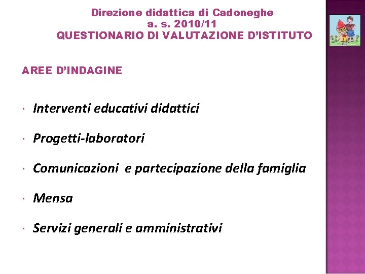 Direzione didattica di Cadoneghe a. s. 2010/11 QUESTIONARIO DI VALUTAZIONE D’ISTITUTO AREE D’INDAGINE Interventi