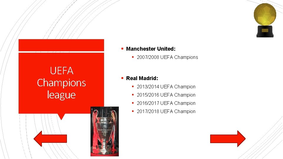 § Manchester United: § 2007/2008 UEFA Champions league § Real Madrid: § 2013/2014 UEFA § Manchester United: § 2007/2008 UEFA Champions league § Real Madrid: § 2013/2014 UEFA