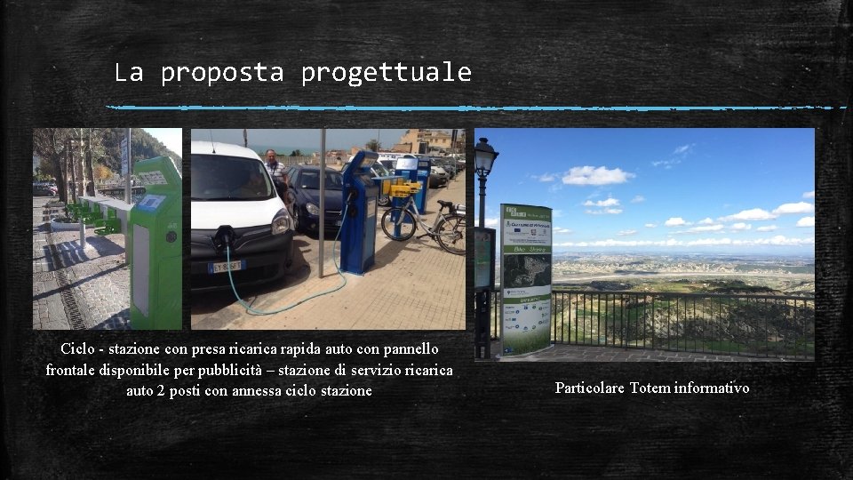 La proposta progettuale Ciclo - stazione con presa rica rapida auto con pannello frontale