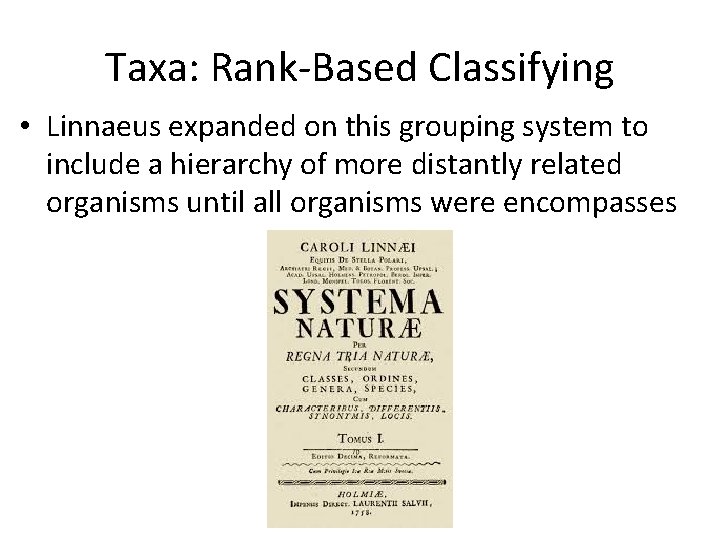 Taxa: Rank-Based Classifying • Linnaeus expanded on this grouping system to include a hierarchy